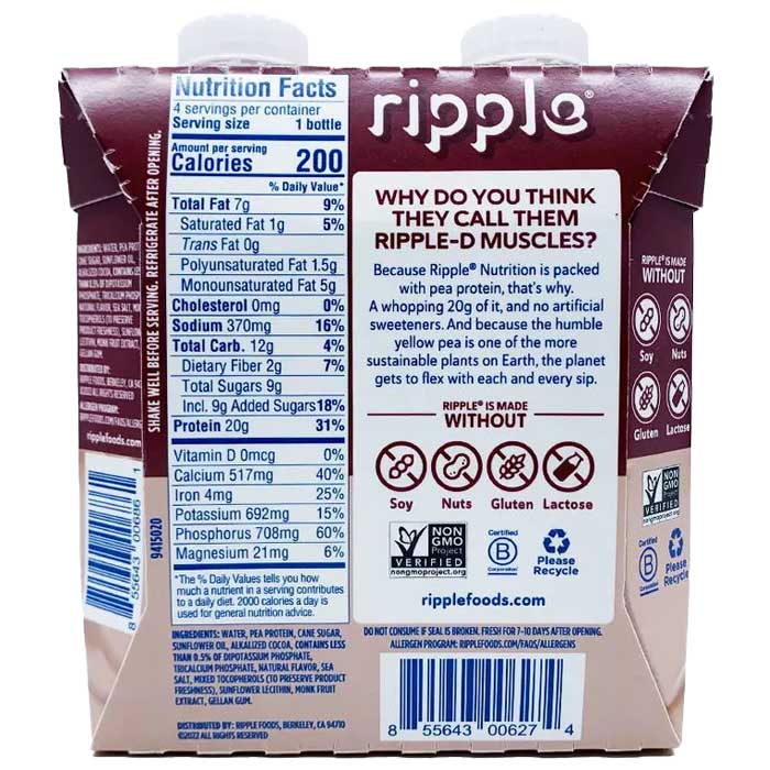 Ripple - Plant Protein Ready to Drink, Chocolate, 44 Fl Oz (4-Pack) | Pack of 6