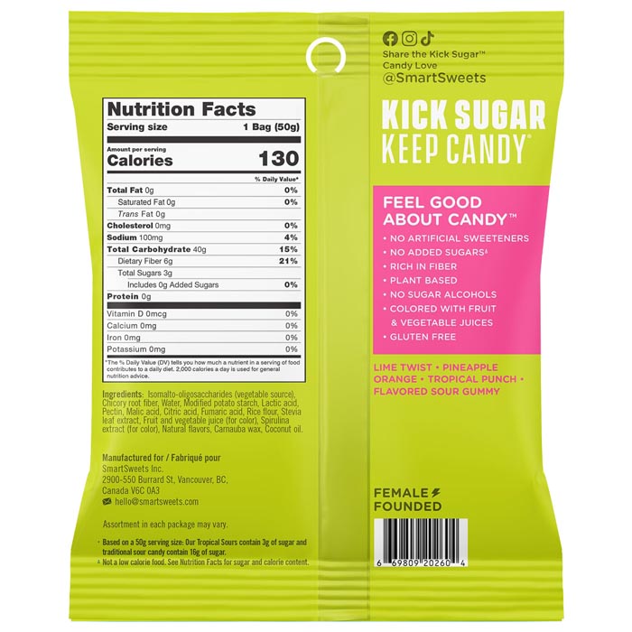 SmartSweets - Tropical Sours Gummy Candy, 1.8oz - Back 