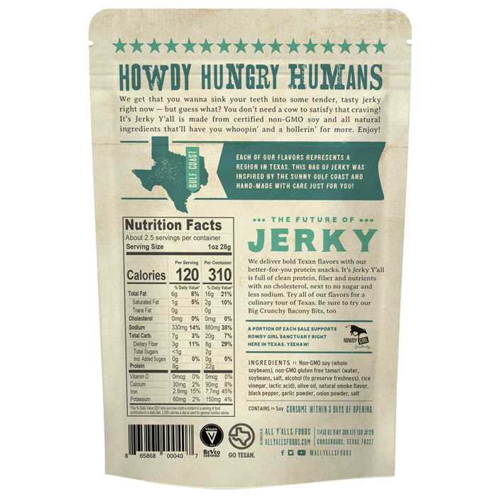 All Y'alls Foods - It's Jerky Y'all Vegan Jerky Black Pepper & Sea Salt, 2.69 oz - back