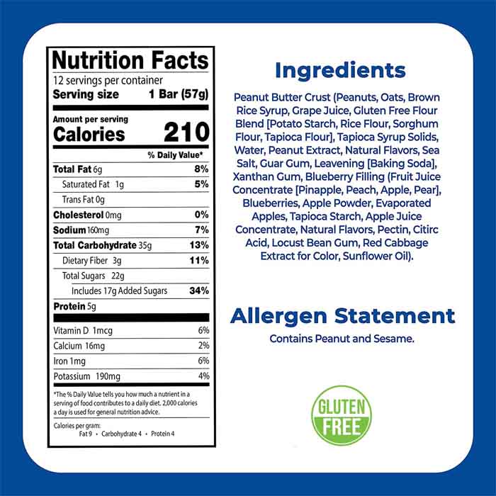 Betty Lou's - Peanut Butter & Blueberry Snack Bar ,2oz - Back