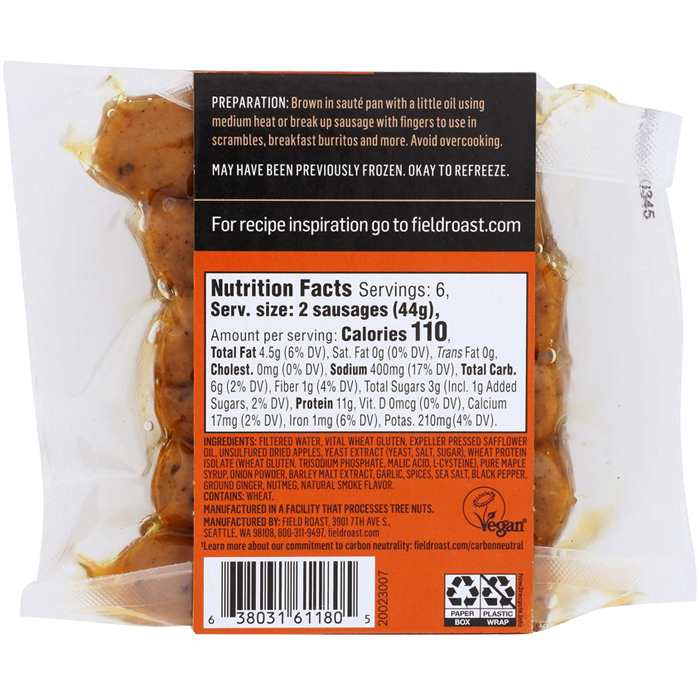Field Roast-Apple & Maple Plant based Breakfast Sausage, 9.3 oz - back