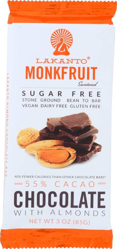 LAKANTO: Chocolate Bar with Almonds Monkfruit 55% Cacao, 3 Oz | Pack of 8 - Plan-txs