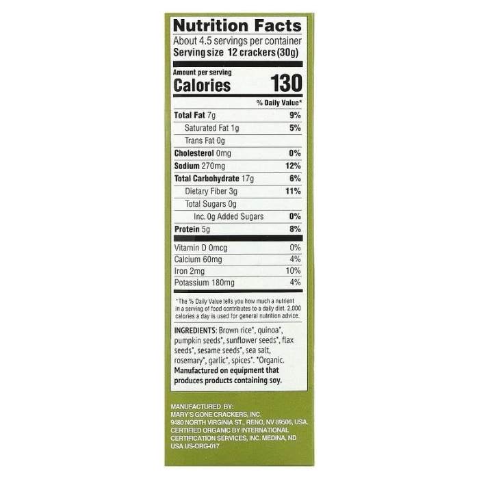 Mary's Gone Crackers - Superseed Rosemary Crackers, 5oz - back