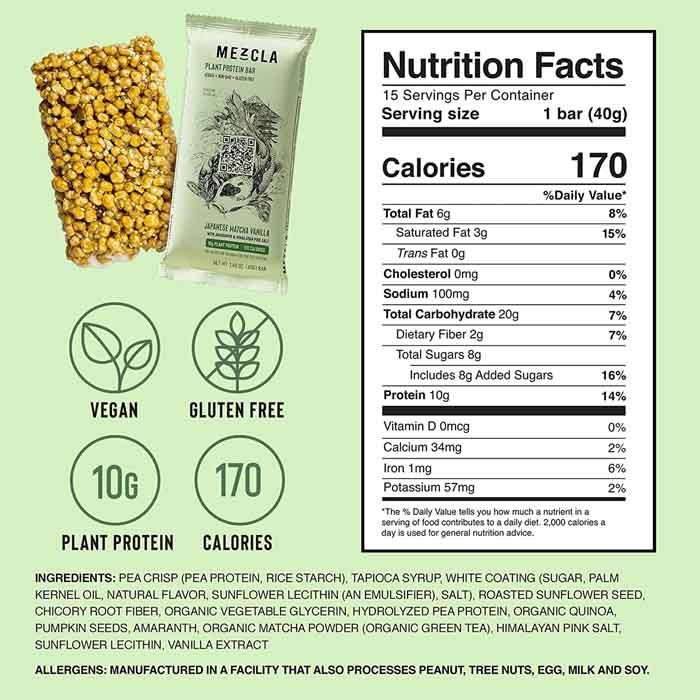 Mezcla - Plant Protein Bars - Japanese Matcha Vanilla, 1.73oz - back
