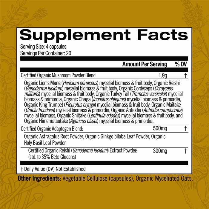 Om Mushroom Superfood - Master Blend Mushroom Capsules, 80 Capsules - back