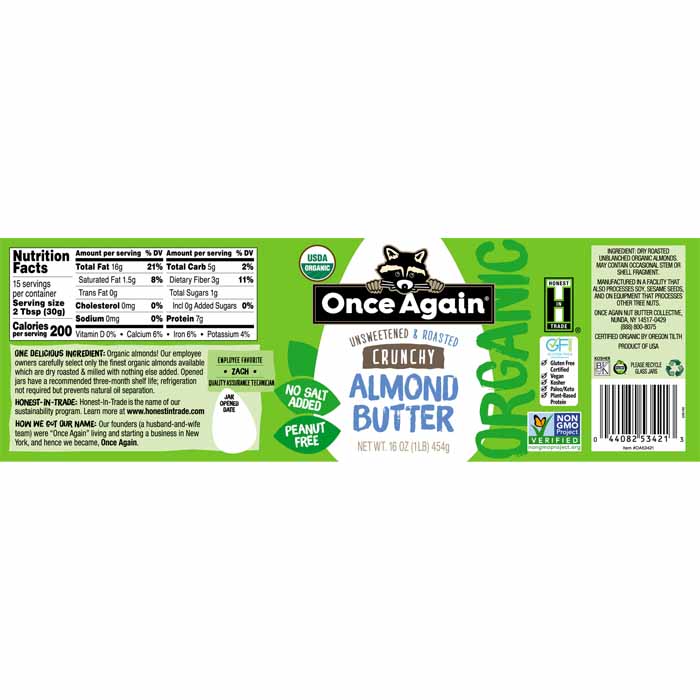 Once Again - Unsweetened Crunchy Almond Butter, 16oz - back