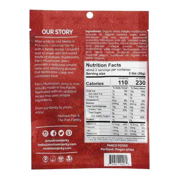 Pan's Mushroom Jerky - Applewood BBQ Mushroom Jerky, 2.2oz - Back
