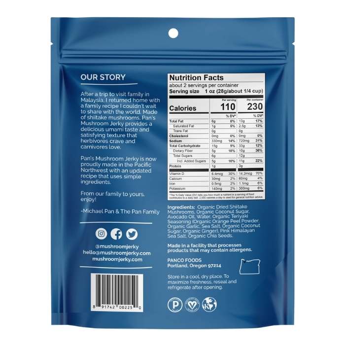 Pan's Mushroom Jerky - Teriyaki Mushroom Jerky, 2.2oz - back
