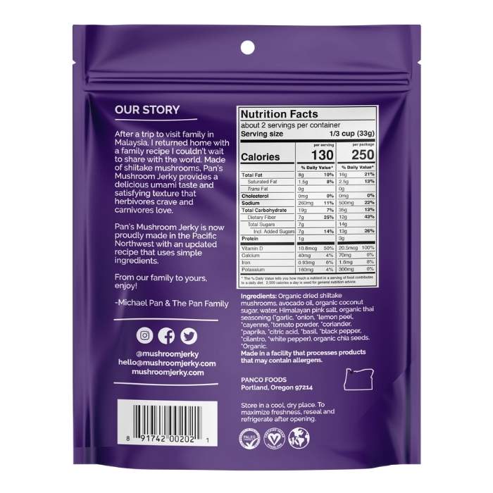 Pan's Mushroom Jerky - Zesty Thai Mushroom Jerky, 2.2oz - back