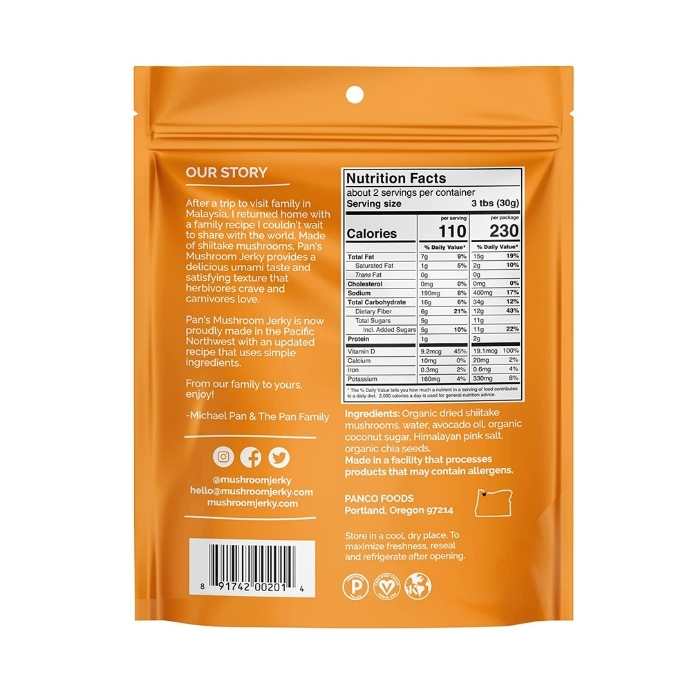 Pan's Mushroom Jerky - Original Mushroom Jerky, 2.2oz - Back