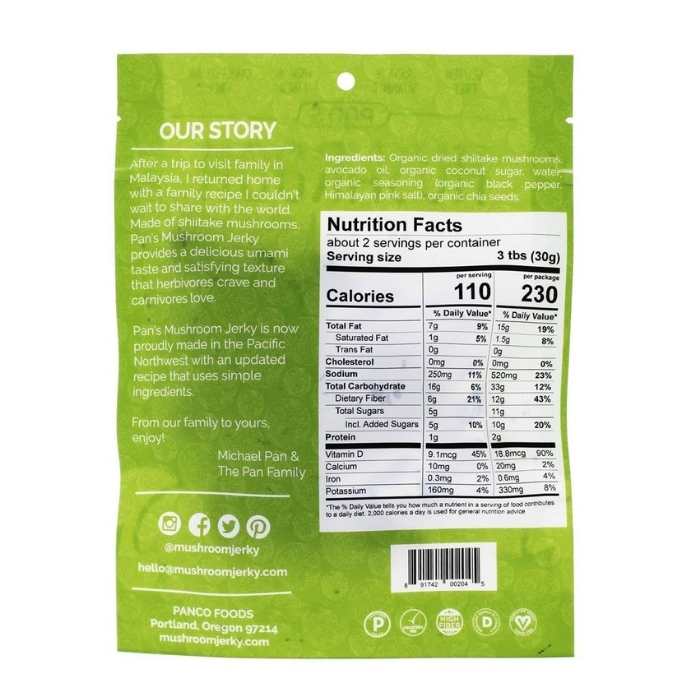 Pan's Mushroom Jerky - Sea Salt + Pepper Mushroom Jerky, 2.2oz - Back