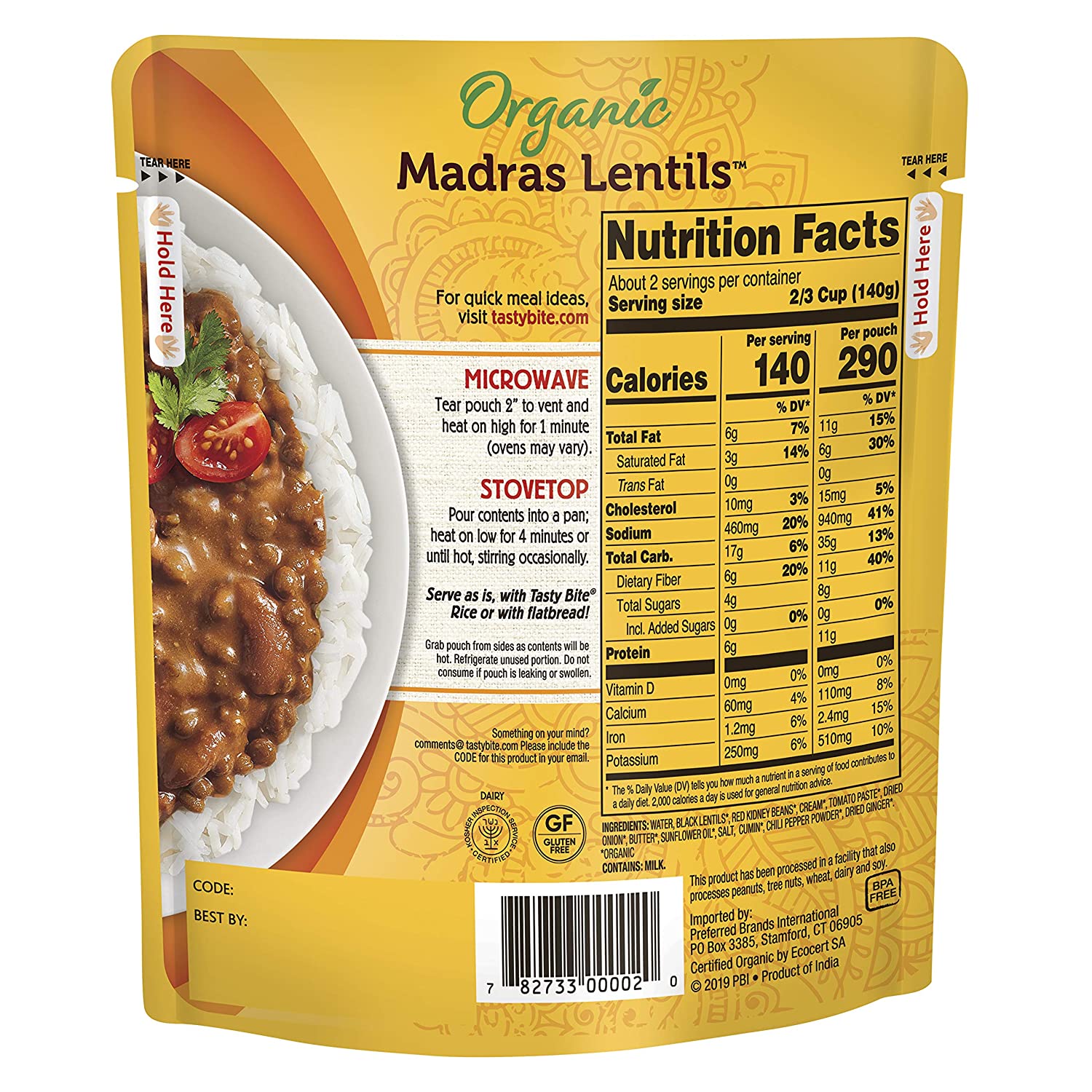 Tasty Bite - Madras Lentils 3 Bean Entree, 10 oz pack of 6