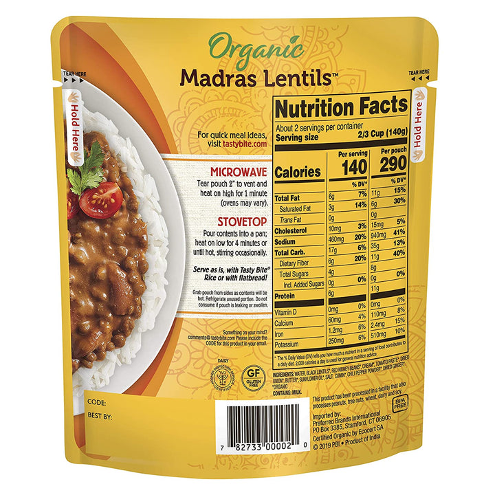 Tasty Bite - Madras Lentils 3 Bean Entree, 10 oz pack of 6