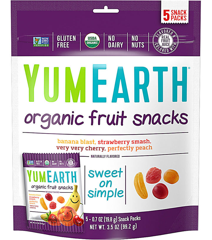 Yum Earth Organic Fruit Snacks Banana Cherry Peach & Strawberry 5 Packs | Pack of 12 - Plan-txs